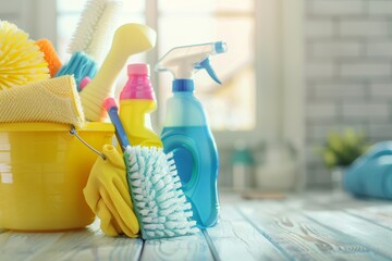 Cleaning supplies advertisement. brushes, bottles, sponges, rag, gloves, yellow bucket - obrazy, fototapety, plakaty