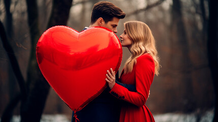 beautiful couple in love with red heart.