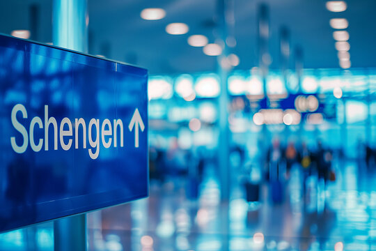 Schengen Signage in Focus at a Vibrant Blue-Toned Airport with Blurred Passengers in the Background with Copy Space