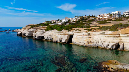 Aerial pictures made with a dji mini 4 pro drone over Peyia Sea Caves, in Cyprus.