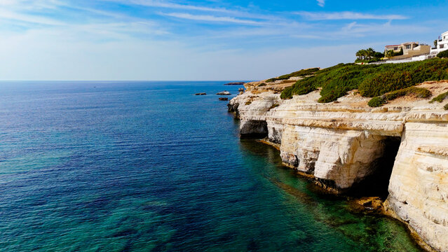 Aerial pictures made with a dji mini 4 pro drone over Peyia Sea Caves, in Cyprus.