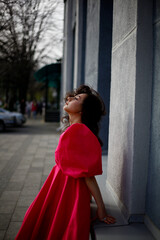 woman in red dress
