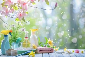 Spring cleaning supplies for housecleaning and hygiene chores - stock image concept