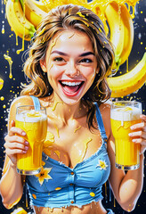 Cartoon of a funny blonde girl with banana juice and splashes everywhere.