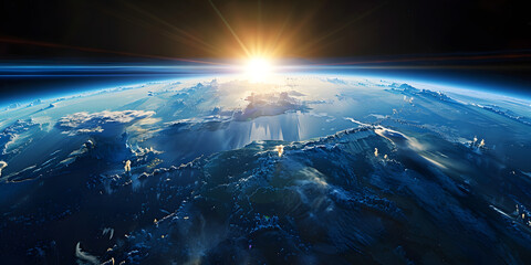 wide shot of the earth from space, blue horizon, black sky, bright sun in upper 