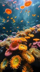 Fototapeta na wymiar Vibrant Underwater Floral Sanctuary with Diverse Marine Life Thriving in Vibrant Coral Reef Ecosystem