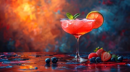 Colorful Cocktail with Fresh Berries on Table
