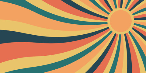 Retro background with curved beams or stripes from the 60s, 70s, 80s. Rotating spiral stripes. Colorful retro wave striped vintage sun flare. Vector illustration