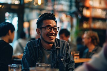 Asian millennial man sitting at cafe or bar with his friends, talking, smiling, drinking beer. They are laughing enjoying drinks and food in a pub indoors. Lifestyle, friendship, youth and fun.
