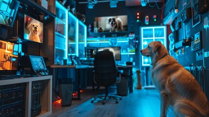 A Golden Retriever supervises a high-tech control room, adding a playful spin to the concept of operations management. - obrazy, fototapety, plakaty