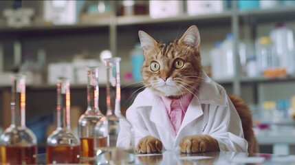 A curious cat scientist wears a lab coat, surrounded by lab equipment, portraying a humorous take on research.