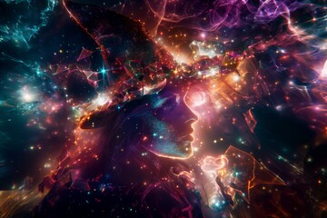 Illustration of a silhouette of a witch girl in a hat surrounded by bright extraterrestrial flowers and sparkling lights of energy and starlight