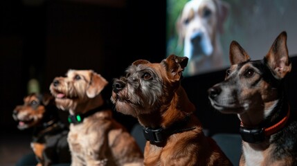 A group of dogs with different breeds attentively follows a panel discussion, reflecting focus and diversity. - obrazy, fototapety, plakaty