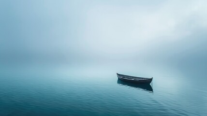 Lone boat amidst fog on a tranquil lake - A hauntingly beautiful lone rowboat sits idle on the tranquil waters of a foggy lake at dawn - obrazy, fototapety, plakaty