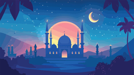 Flat cartoon background Islamic day Isra Miraj whic