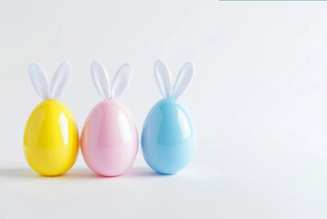 Easter banner on white background. Blue , pink and yellow eggs with white soft funny bunny ears.  Glossy shiny eggs. Religious celebrating concept. Copy space. Space for text. Generative AI.