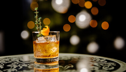 A classic whiskey cocktail in a short glass over ice and garnished with a twist of orange peel and a small sprig of thyme - obrazy, fototapety, plakaty