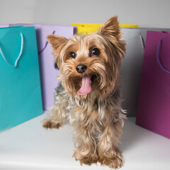A toy dog breed is playfully sticking its tongue out in front of shopping bags, showcasing its carnivorous nature as a companion animal