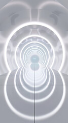 Abstract white tunnel with glowing light ring in the style of a futuristic sci-fi style, empty room...