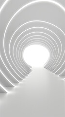 Abstract white tunnel with glowing light ring in the style of a futuristic sci-fi style, empty room background. Abstract modern design for product presentation 9:16