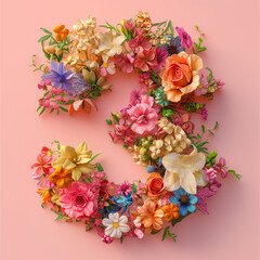 Colorful number three made of various flowers isolated on pastel pink background. Spring theme. The date for the celebration, card, banner, copy space