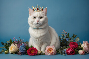 A beautiful white cat with a crown on his head, a diadem, among roses on a blue background.