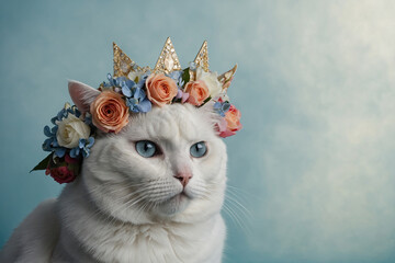 A beautiful white cat with a crown of flowers on his head, a diadem, on a blue background.