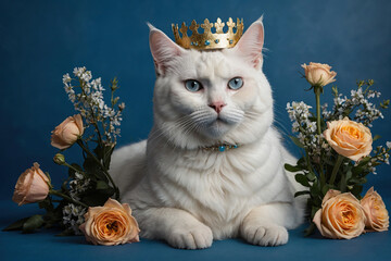 A beautiful white cat with a crown on his head, a diadem, among roses on a blue background.