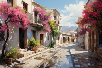 Fototapeta na wymiar A colorful watercolor painting of a narrow city street with flowers cascading down the sides of buildings and staircases.