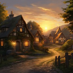 A peaceful village bathed in the warm glow of a sunset