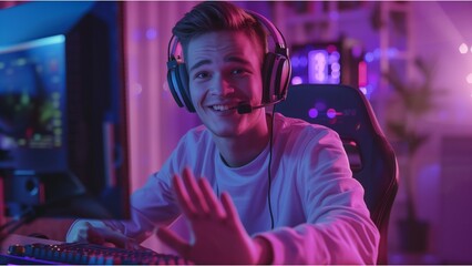 Happy young man streamer in headphones sitting at the table with microphone and keyboard, waving hand to greet his viewers while streaming on video games online in a purple light room