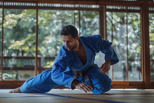 Martial Artist in Blue Gi Performing Technique