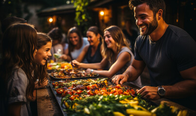 Multigenerational Family Enjoying a Lively Outdoor Feast with Barbecue and Fresh Vegetables in a Cozy Home Garden