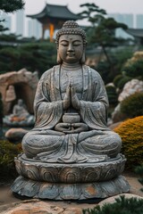 Buddha statue seated in garden setting