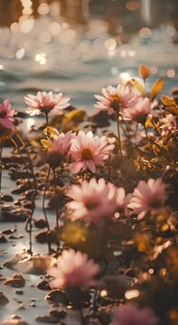 beautiful pink flowers beside a river in sunset, a calming emotional vertical background video