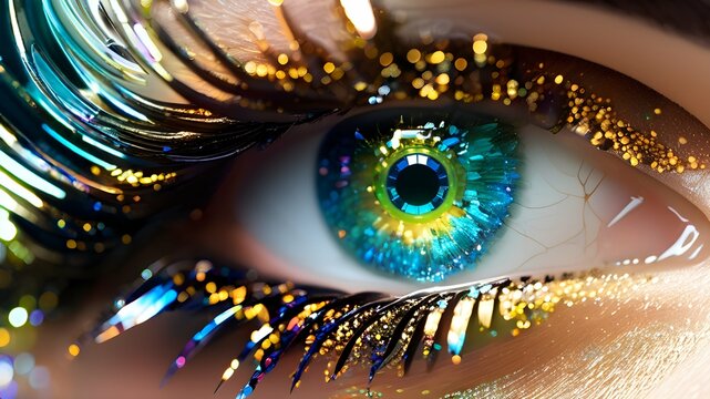 Single blue eye long eyelashes makeup gold glitter eyeshadows, look past camera.