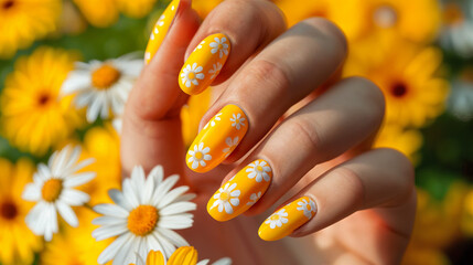 close up of woman hand with flowers pattern on nails, generative ai