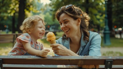A mother and her child are sitting on a bench, both holding ice cream cones - Powered by Adobe