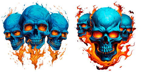 Set of 3 bluish skulls on fire, isolated on transparent background. Halloween illustration - obrazy, fototapety, plakaty