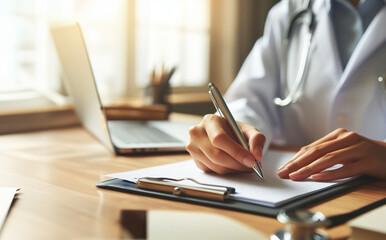 Close-up of an independent medical office where the doctor's hands are seen writing notes on their medical prescription documents