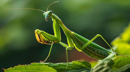 A praying mantis poised in ambush, its forelegs folded in anticipation - obrazy, fototapety, plakaty