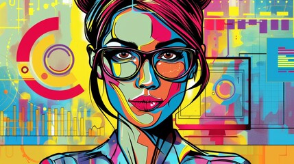 A pop art interpretation of a businesswoman with funky glasses