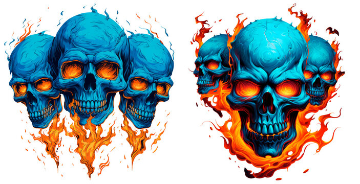 Set of 3 bluish skulls on fire, isolated on transparent background. Halloween illustration
