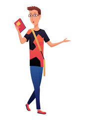 Young college or university student with backpack holding book. Study, education, back to school, knowledge concept. 3d  people character illustration. Cartoon minimal style