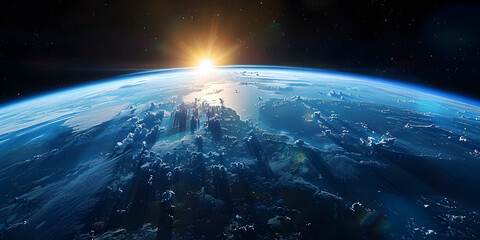 Fototapeta na wymiar wide shot of the earth from space, blue horizon, black sky, bright sun in upper 