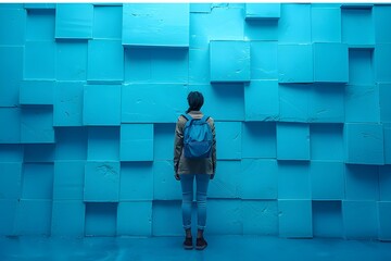 Person Contemplating Textured Blue Wall
A solitary figure stands before a textured blue wall,...
