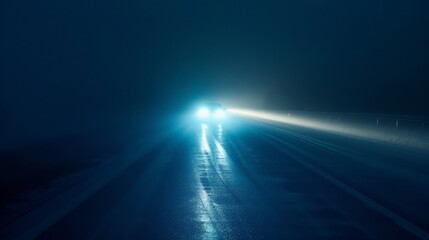 A car is driving down a wet road at night - obrazy, fototapety, plakaty