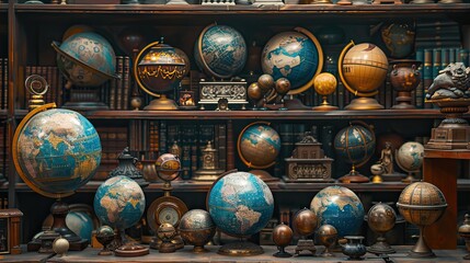 banner background National Cherish An Antique Day theme, and wide copy space, Surreal depiction of antique globes and maps merging with celestial elements,