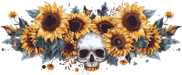Halloween border, sunflowers and skulls in the center, isolated on transparent background