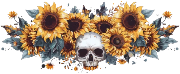 Papier Peint photo autocollant Crâne aquarelle Halloween border, sunflowers and skulls in the center, isolated on transparent background